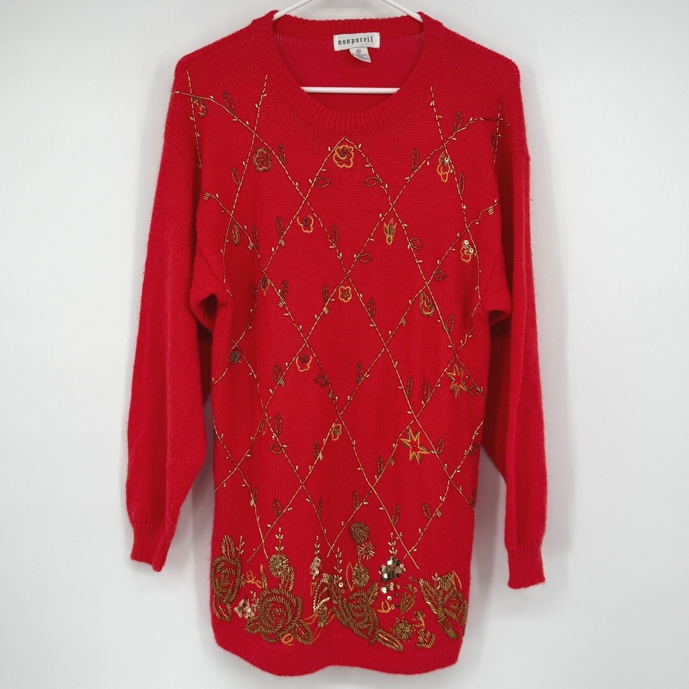 Vintage 80s Nonpareil Red Beaded Sequin Floral Tunic Sweater Small Petite